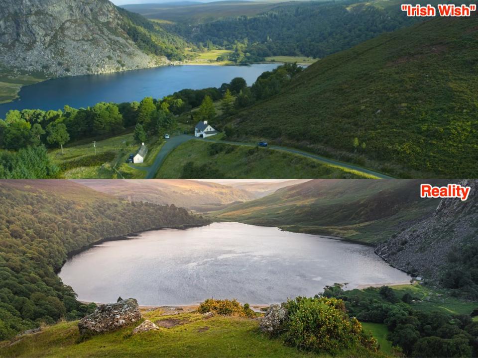 Lough Tay in "Irish Wish" and in real life.Netflix / Google Maps Street View.