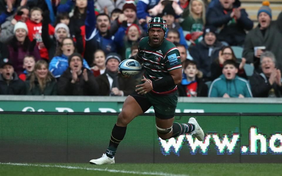 Jordan Taufua scores a try for Leicester Tigers - GETTY IMAGES