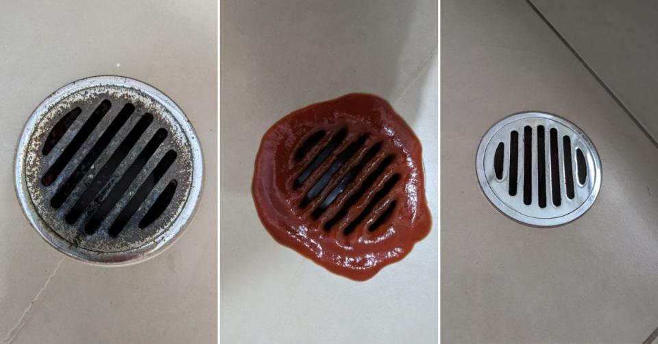 Tomato sauce cleaning hack on a drain