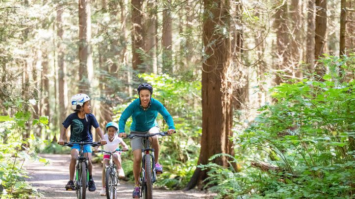 a woman and her two kids ride bikes in the forest in the sunshine