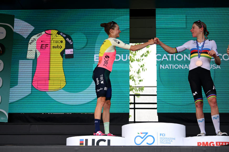 BORGO VAL DI TORO ITALY  JULY 03 LR The second classified Veronica Ewers of The United States and Team EF EducationTibcoSvb and Annemiek Van Vleuten of The Netherlands and Movistar Team third place winner congratulate each other at podium during the 34th Giro dItalia Donne 2023 Stage 4 a 134km stage from Fidenza to Borgo Val di Toro  UCIWWT  on July 03 2023 in Borgo Val di Toro Italy Photo by Dario BelingheriGetty Images