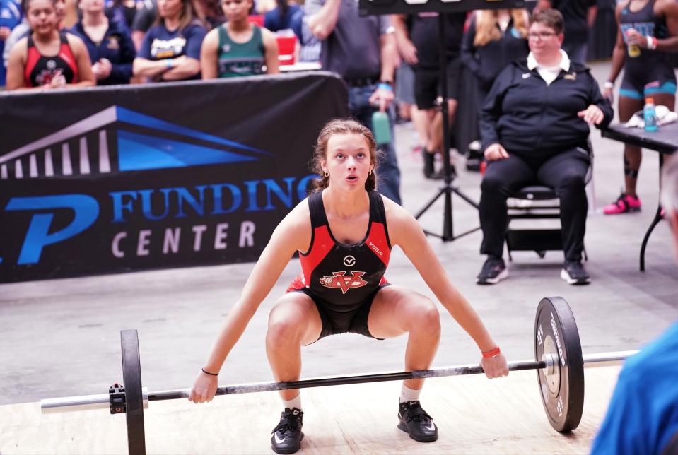 Vero Beach's Jayden Short competes in the snatch event as part of the Olympic lifts portion of the FHSAA Girls Weightlifting Championships that took place on Saturday, Feb. 18, 2023 at the RP Funding Center in Lakeland.