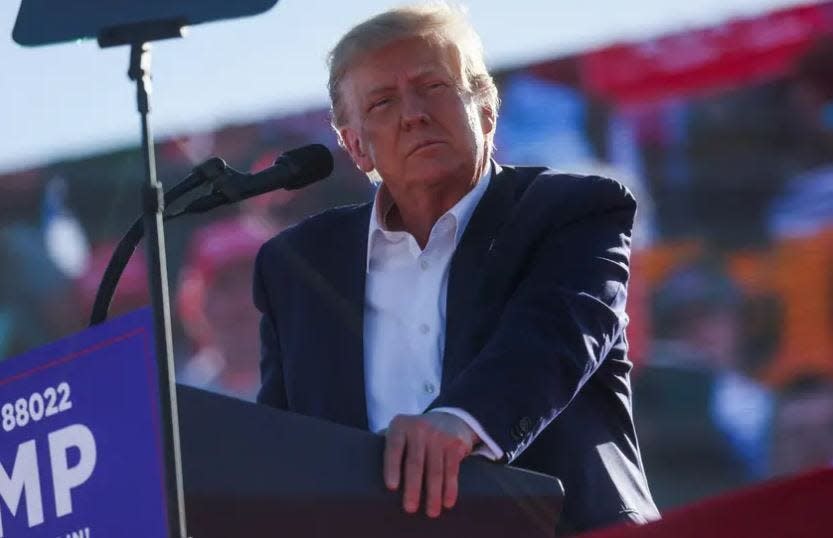 Former President Donald Trump looks on during the first major rally of his 2024 presidential campaign Saturday in Waco.