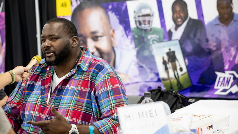 Actor Quinton Aaron, who played Michael Oher in the 2009 film “The Blind Side,” gives an interview before the opening of the FanX convention at the Salt Palace in Salt Lake City on Thursday, Sept. 21, 2023.
