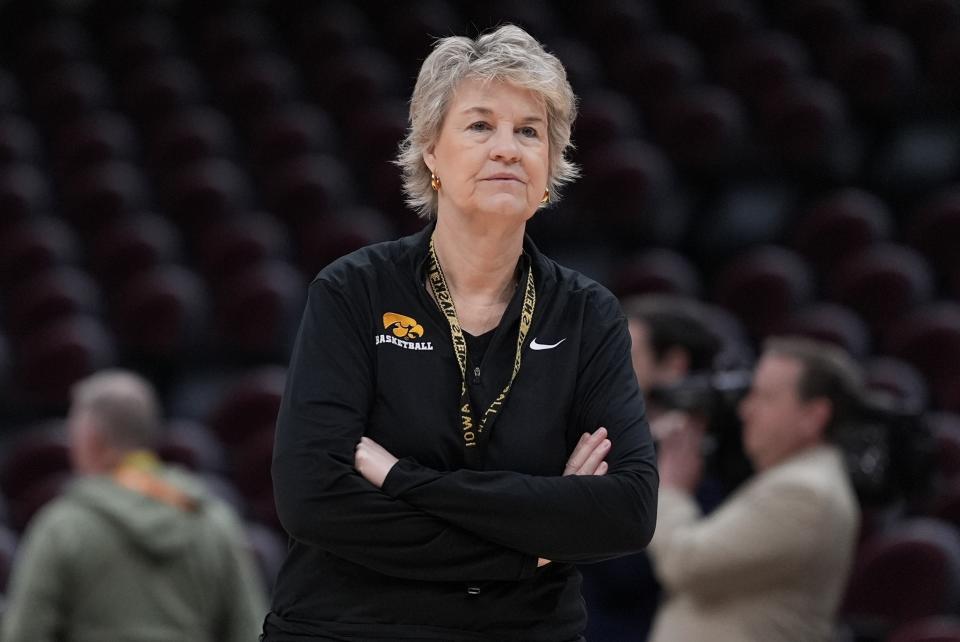 Iowa head coach Lisa Bluder watches during a practice for an NCAA Women's Final Four semifinals basketball game Thursday, April 4, 2024, in Cleveland. (AP Photo/Morry Gash)