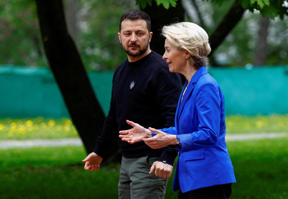 European Commission President von der Leyen and Ukraine’s President Zelenskiy walk after a joint press conference in Kyiv earlier this year (REUTERS)