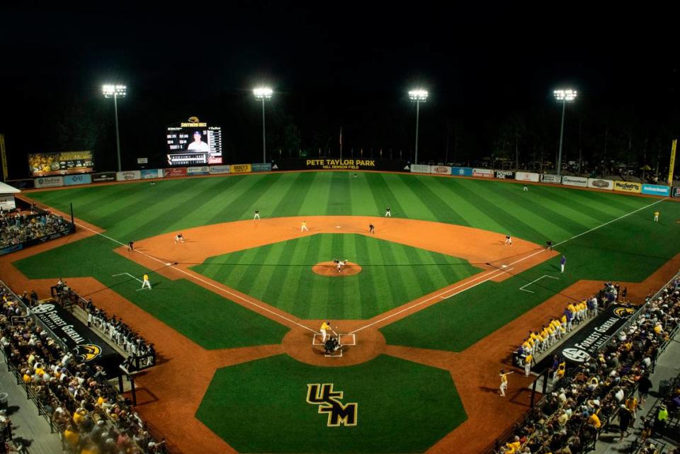 Southern Miss pitches in the 7th inning against LSU during Game Four of NCAA Regionals at Pete Taylor Park in Hattiesburg on Saturday, June 4, 2022.