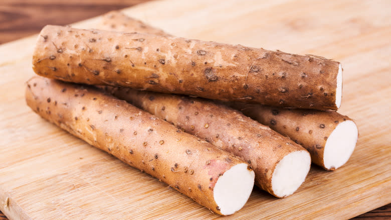 Cut yams on wooden board