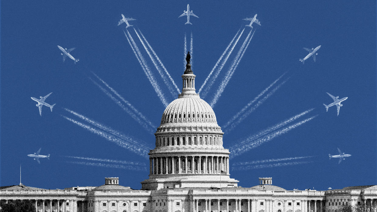  Photo collage of the US Capitol building with many planes taking off behind it, fanning out in a symmetrical formation, similar to an airshow. 