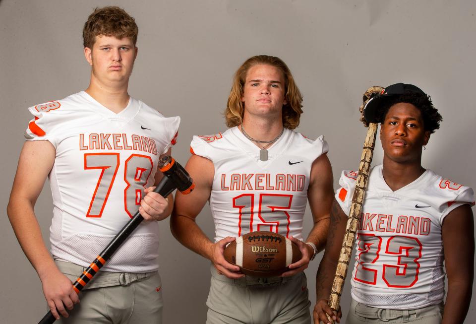 From left, offensive lineman Ben Beymer, quarterback Zander Smith and running back Jordan Henderson will have big roles on ofense for Lakeland.