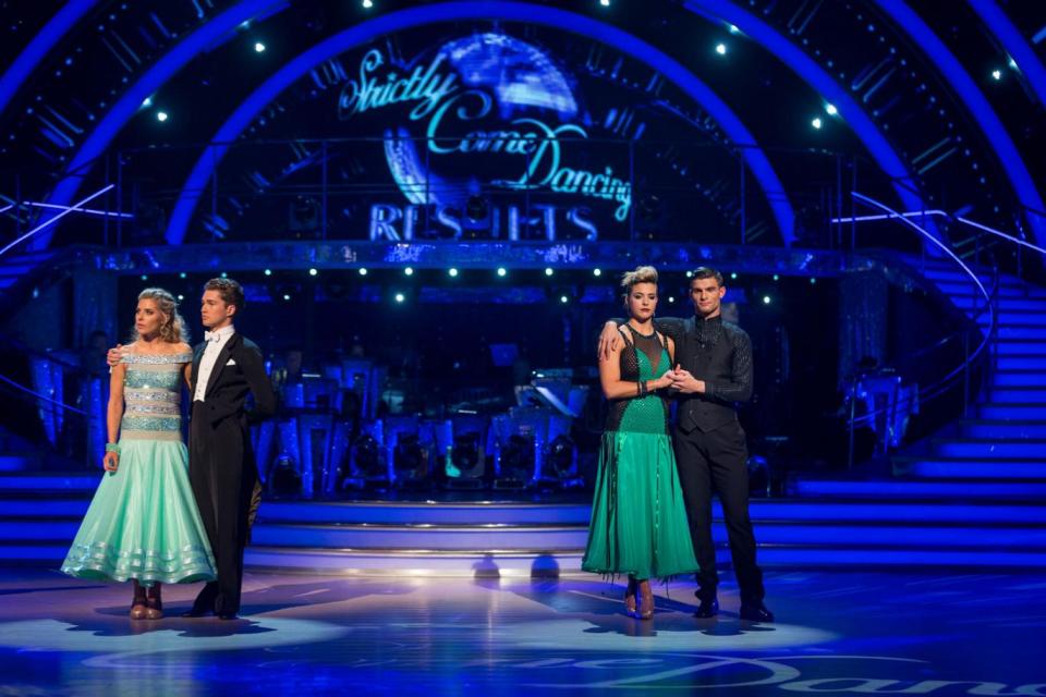 Tense: Mollie King, AJ Pritchard, Gemma Atkinson and Aljaz Skorjanec await their fate (BBC/Guy Levy)