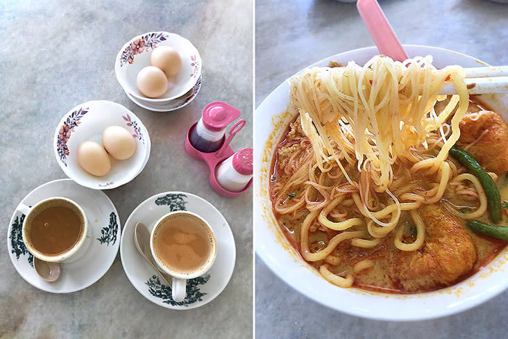 A typical 'kopitiam' breakfast: half boiled egg, hot 'cham' and 'teh C', and a bowlful of curry mee.