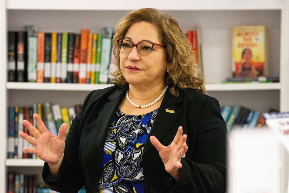 Margie López Waite, CEO of Las Americas ASPIRA Academy, answers questions during an interview in the academy's library on Thursday, Feb. 6, 2024.