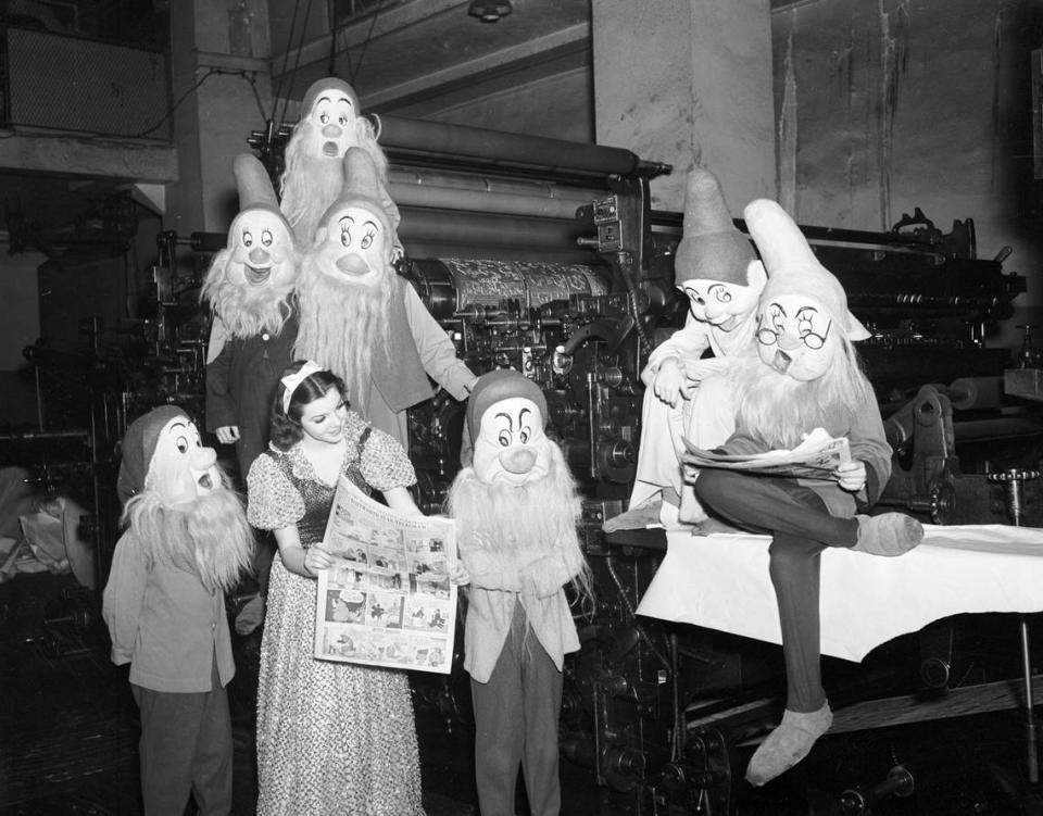 March 21, 1938: Snow White and the Seven Dwarfs on a personal tour preceding the motion picture’s opening at the Hollywood Theater in Fort Worth. Fort Worth Star-Telegram archives/UT Arlington Special Collections