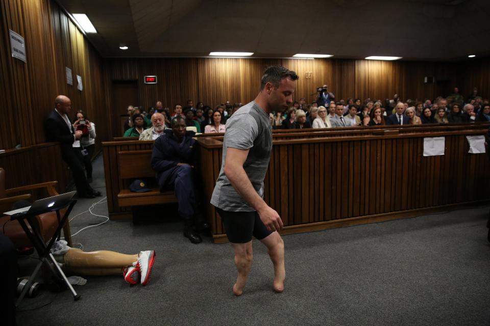 Pistorius walking without his prosthetic legs during his resentencing hearing in 2016.