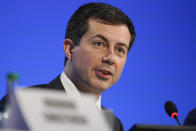 FILE - Secretary of Transportation Pete Buttigieg speaks at the COP26 U.N. Climate Summit, in Glasgow, Scotland, Nov. 10, 2021. As President Joe Biden gets set to sign a $1 trillion infrastructure package, many eyes are turning to Buttigieg. The law will make the 39-year-old former mayor and former Democratic presidential candidate one of the more powerful brokers in Washington. He'll be handling the largest infusion of cash into the transportation sector since the 1950s creation of the interstate highway system. (AP Photo/Alberto Pezzali, File)
