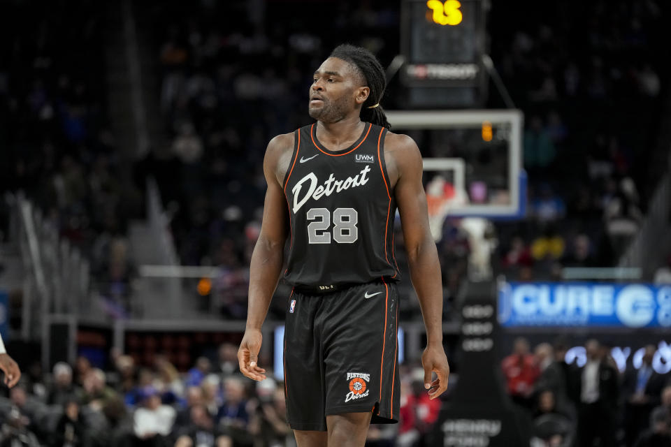 DETROIT, MICHIGAN - DECEMBER 26: Isaiah Stewart #28 of the Detroit Pistons looks on against the Brooklyn Nets at Little Caesars Arena on December 26, 2023 in Detroit, Michigan. NOTE TO USER: User expressly acknowledges and agrees that, by downloading and or using this photograph, User is consenting to the terms and conditions of the Getty Images License Agreement. (Photo by Nic Antaya/Getty Images)