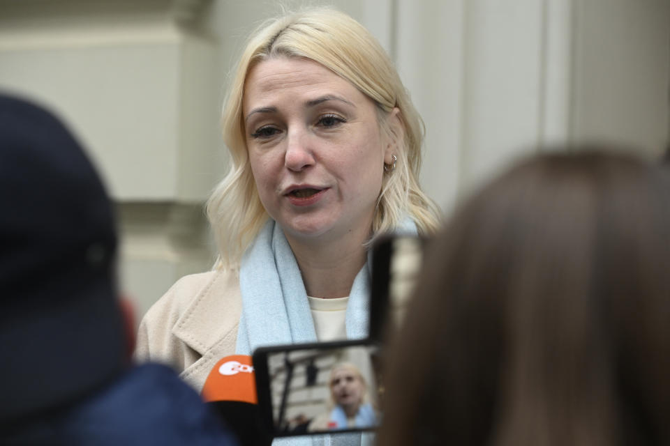 FILE - Russian politician Yekaterina Duntsova speaks to journalists after she appealed in Russia's Supreme Court a decision by Russia's Central Election Commission that refused to accept her initial nomination by a group of supporters, citing errors in the documents submitted, in Moscow, Russia, Wednesday, Dec. 27, 2023. Duntsova lost her appeal against Russia's Central Election Commission's refusal to accept her initial nomination to run for president in March's election by a group of supporters. (AP Photo/Dmitry Serebryakov, File)