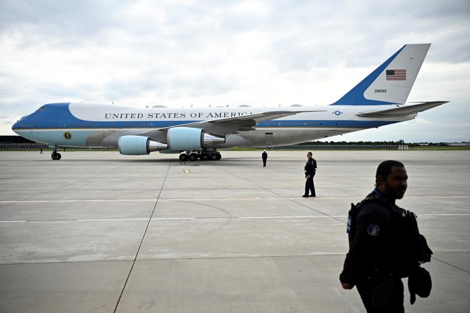 Police officers were guarding the tarmac after the ‘Air Force One’ plane carrying Joe Biden landed at Paris Orly airport on Wednesday (EPA/Julien de Rosa)