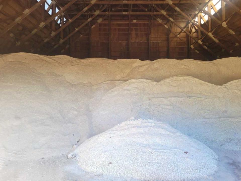 This is not snow, but salt stored inside a City of Vineland salt barn for road clearing. PHOTO: Dec. 14, 2023.