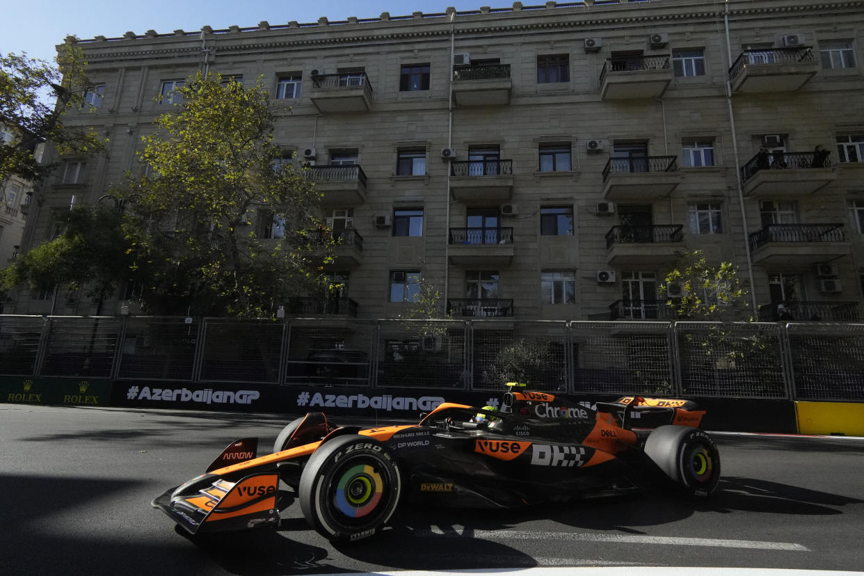 McLaren driver Lando Norris of Britain in action during a Formula One Grand Prix in Baku, Azerbaijan, on Sunday, Sept. 15, 2024. (AP Photo/Sergei Grits)