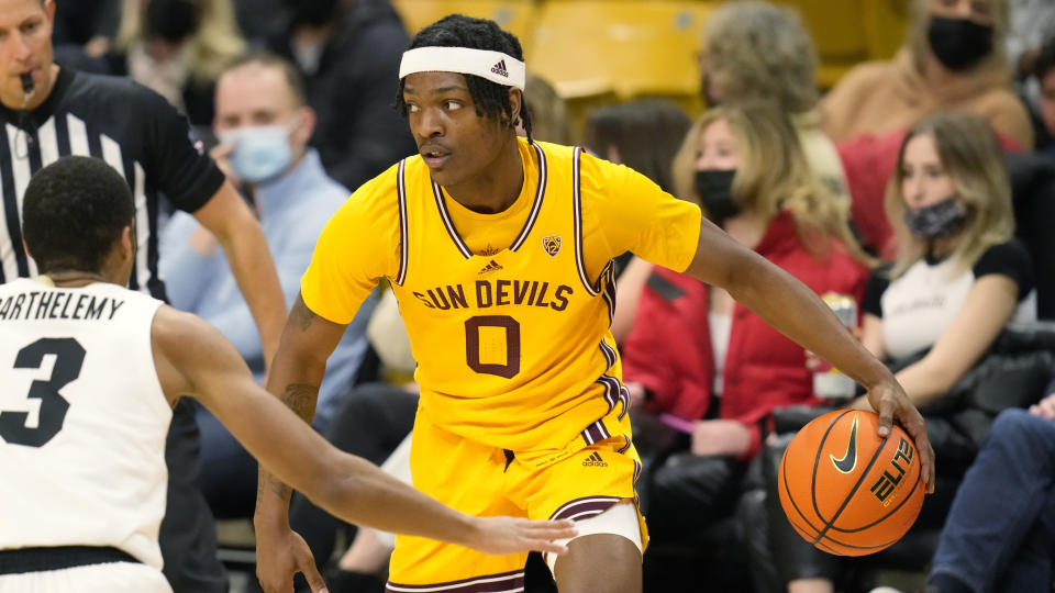 FILE - Arizona State guard DJ Horne (0) in the first half of an NCAA college basketball game against Colorado, Thursday, Feb. 24, 2022, in Boulder, Colo. The returning core is headed by scoring leader DJ Horne, guard Luther Muhammad, springy forward Alonzo Gaffney and bruising big man Enoch Boake. (AP Photo/David Zalubowski, File)