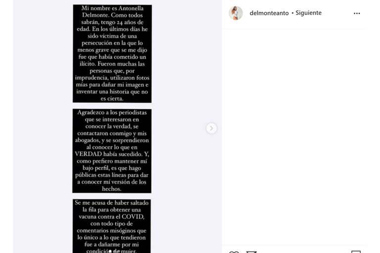 Antonella Delmonte hizo su descargo en las redes sociales luego de haber sido acusada de falsificar documentos para vacunarse contra el coronavirus