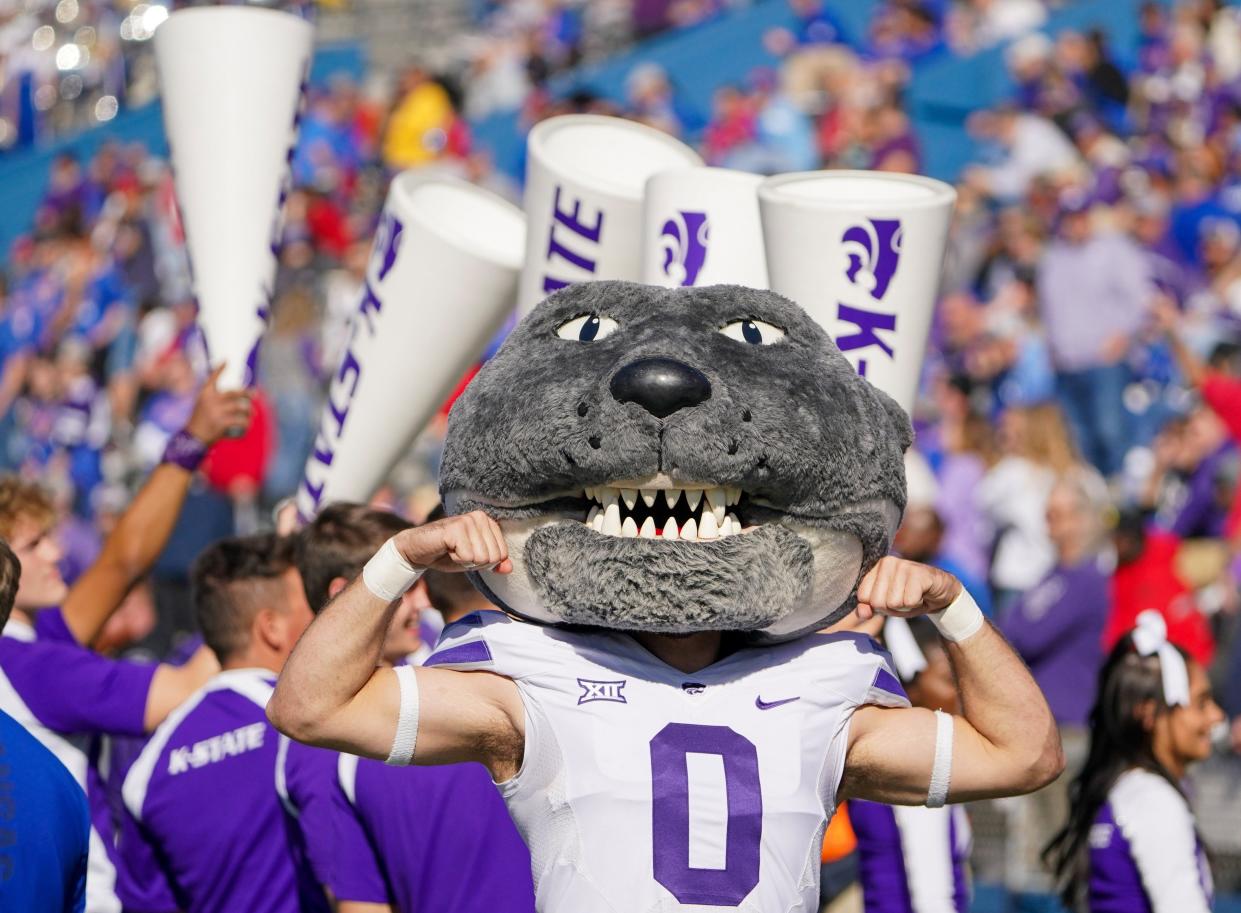 Nov 6, 2021; Lawrence, Kansas, USA; The Kansas State Wildcats mascot Willie performs against the Kansas Jayhawks during the game at David Booth Kansas Memorial Stadium. Mandatory Credit: Denny Medley-USA TODAY Sports