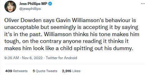 Jess Phillips tweet on Gavin Williamson messages