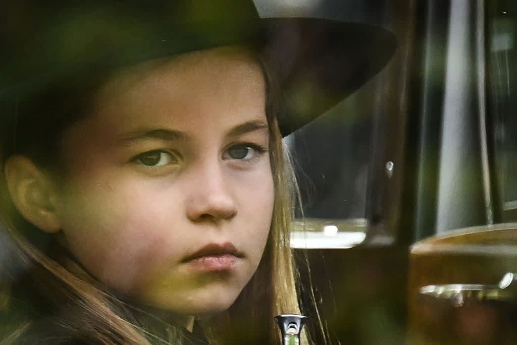 Princess Charlotte has joined her brother Prince George at the funeral of her great-grandmother the Queen. (Getty Images)