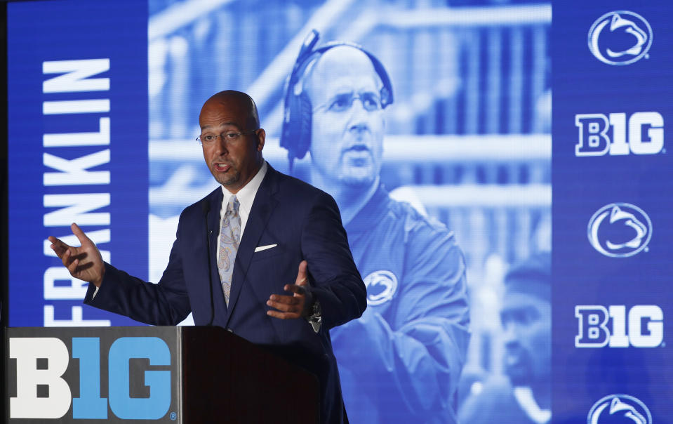 Penn State head coach James Franklin responds to a question during the Big Ten Conference NCAA college football media days Friday, July 19, 2019, in Chicago. (AP Photo/Charles Rex Arbogast)