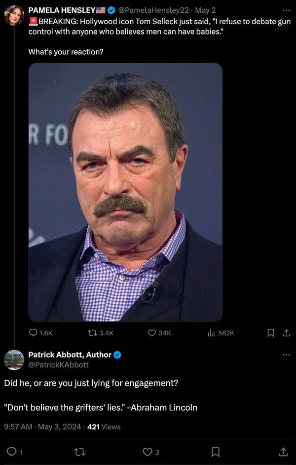 Online users claimed Tom Selleck said the words I refuse to debate gun control with anyone who believes men can have babies.