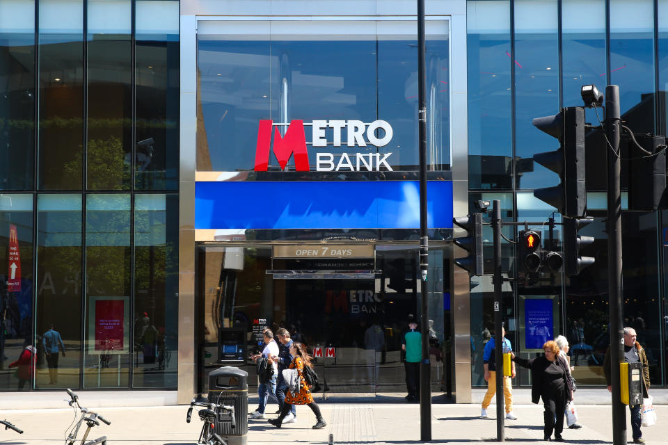 A Metro Bank branch is seen in London. Metro Bank�s shares dropped by 8\% on Monday 13 May 2019 leaving them 70\% lower for the year to date and concerns about the bank�s financial position. At its many branches, it has been reported that customers are queueing outside the bank after a WhatsApp message advising people to withdraw their money out of their accounts and empty safe deposit boxes. (Photo by Dinendra Haria / SOPA Images/Sipa USA)