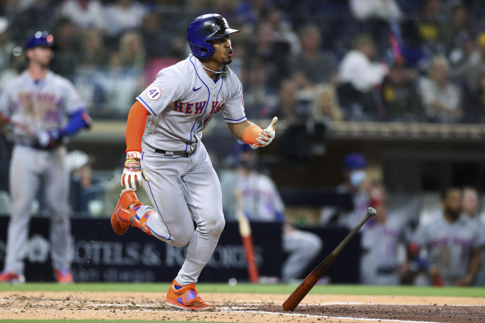 New York Mets' Francisco Lindor heads to first on a solo home run off San Diego Padres starting pitcher Joe Musgrove during the fifth inning of a baseball game Saturday, June 5, 2021, in San Diego. (AP Photo/Derrick Tuskan)