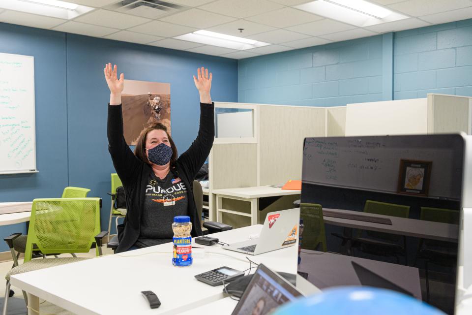 In this February 2021 photo from Purdue University, Dr. Briony Horgan celebrates after Perseverance landed on Mars.