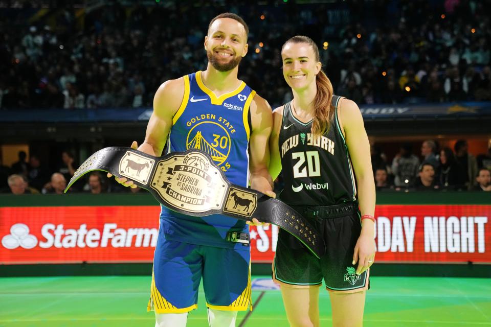 Golden State Warriors guard Stephen Curry topped New York Liberty guard Sabrina Ionescu 29-26 in the Stephen vs Sebrina three-point challenge.
