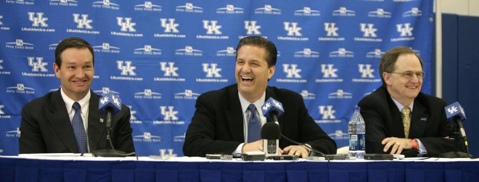 From left, UK athletic director Mitch Barnhart, John Calipari and UK president Lee T. Todd, Jr., laughed during an April, 1, 2009, news conference introducing Calipari as the new men’s basketball coach. Calipari replaced Billy Gillispie who was fired by the university five days earlier.