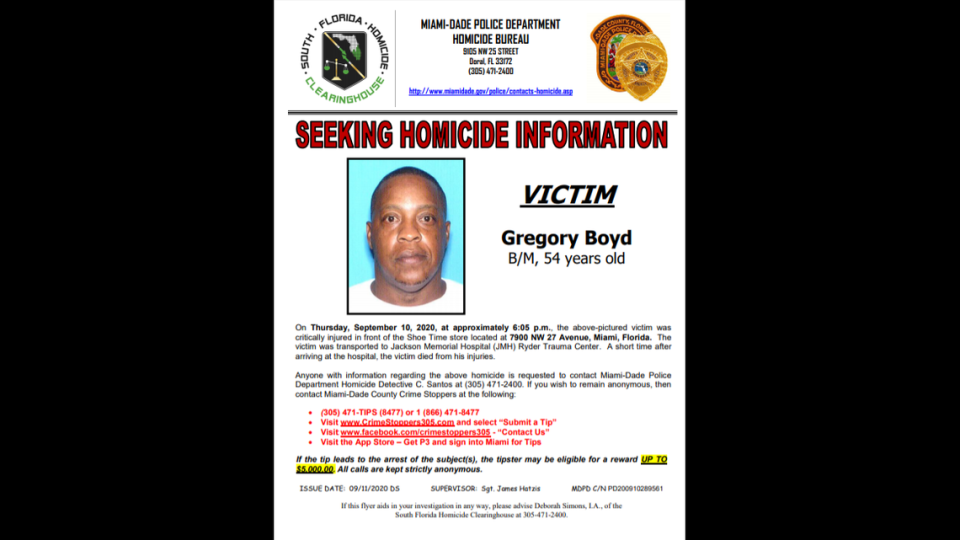 South Florida Pastor Gregory Boyd, 54, was killed in the crossfire of a shooting last month at a Northwest Miami-Dade flea market, Miami-Dade police said.