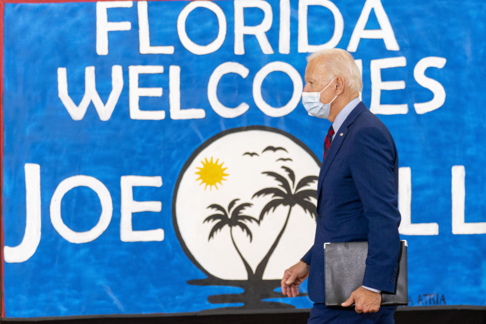 Democratic presidential candidate former Vice President Joe Biden leaves after speaking at Jose Marti Gym, Monday, Oct. 5, 2020, in Miami. (AP Photo/Andrew Harnik)