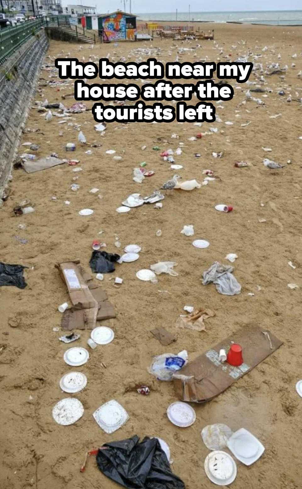 A beach covered in litter, including plastic bottles, plates, cups, and cardboard, with people in the far background and a small colorful structure near the horizon