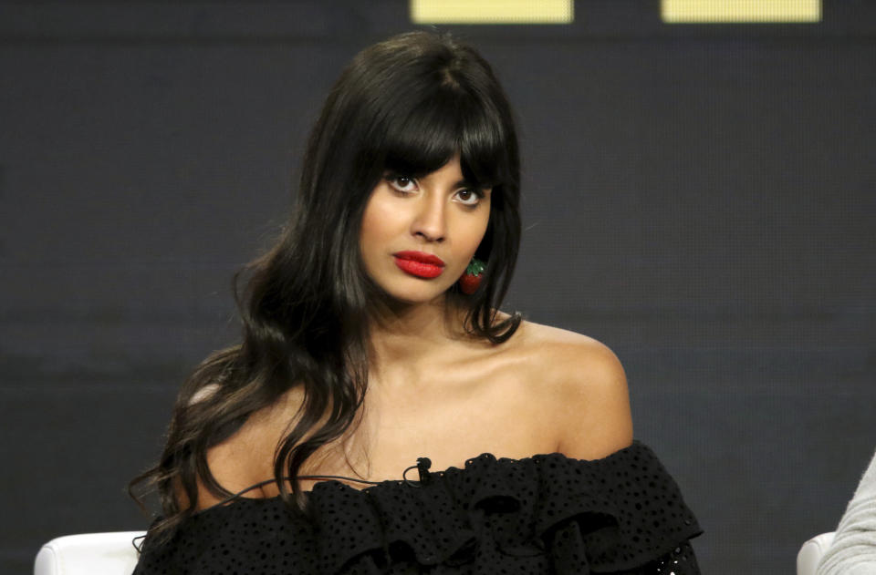 Jameela Jamil participates in the "The Misery Index" panel during the TBS presentation at the Television Critics Association Winter Press Tour at The Langham Huntington on Monday, Feb. 11, 2019, in Pasadena, Calif.  (Photo by Willy Sanjuan/Invision/AP)