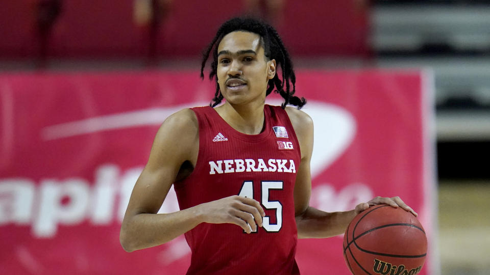 Nebraska guard Dalano Banton dribbles up court against Maryland during the first half of an NCAA college basketball game, Wednesday, Feb. 17, 2021, in College Park, Md. (AP Photo/Julio Cortez)