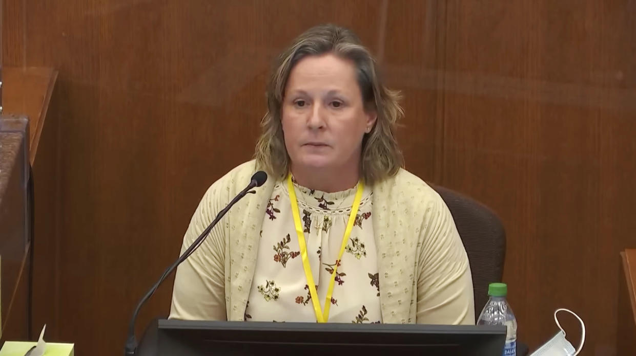 In this screen grab from video, former Brooklyn Center Police Officer Kim Potter testifies in court, Friday, Dec. 17, 2021 at the Hennepin County Courthouse in Minneapolis, Minn. Potter is charged with first and second-degree manslaughter in the April 11 shooting of Daunte Wright, a 20-year-old Black motorist, following a traffic stop in the Minneapolis suburb of Brooklyn Center. (Court TV, via AP, Pool)