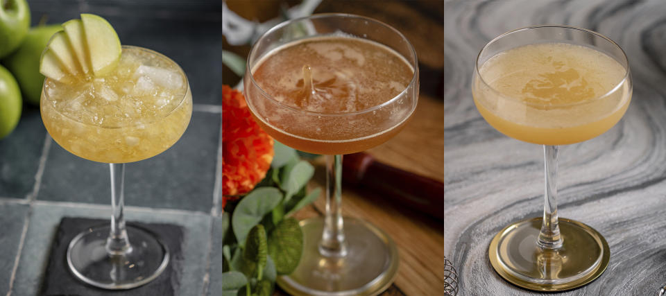 This combination of photos shows, from left, a spiced apple cocktail, a pumpkin spice martini and a buttered rum cocktail. (Callum Duffy via AP)