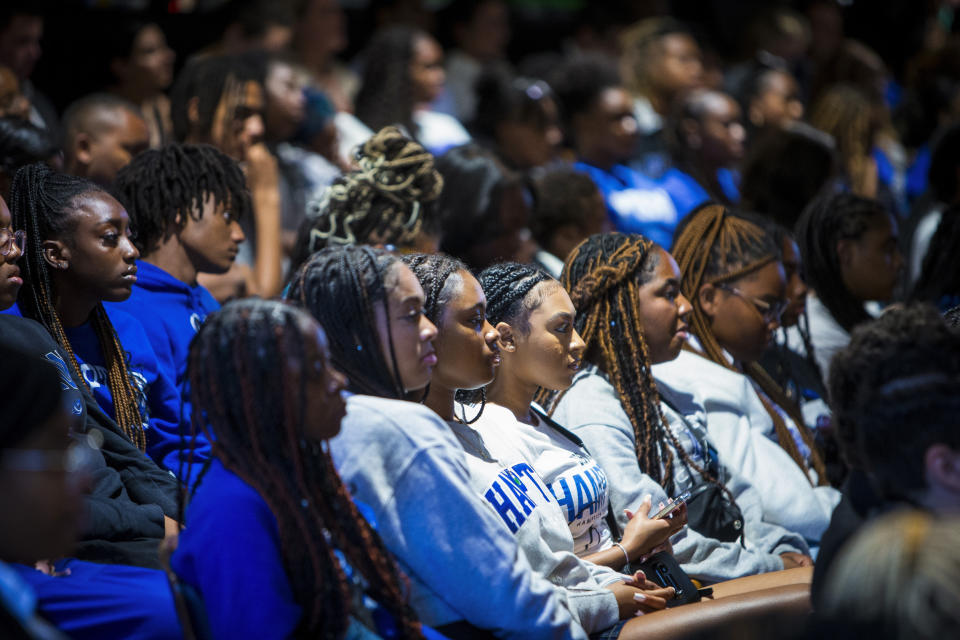 Hampton University students listen as Vice President Kamala Harris speaks at the university on Thursday, Sept. 14, 2023, in Hampton, Va. (AP Photo/John C. Clark)