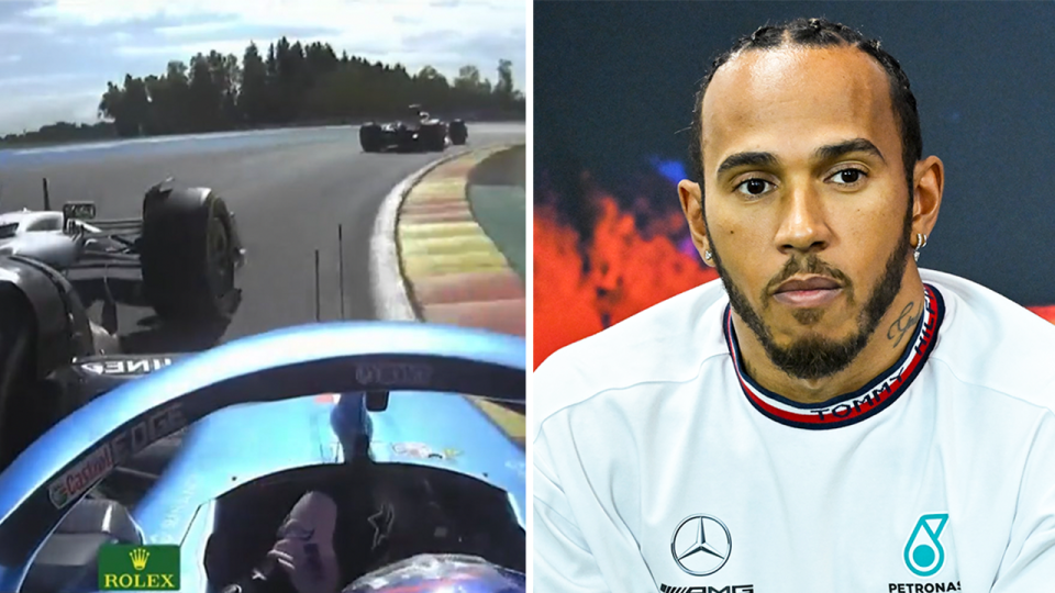 Lewis Hamilton (pictured right) during a media opportunity and (pictured left) Hamilton crashes with Fernando Alonso at the Belgian GP.