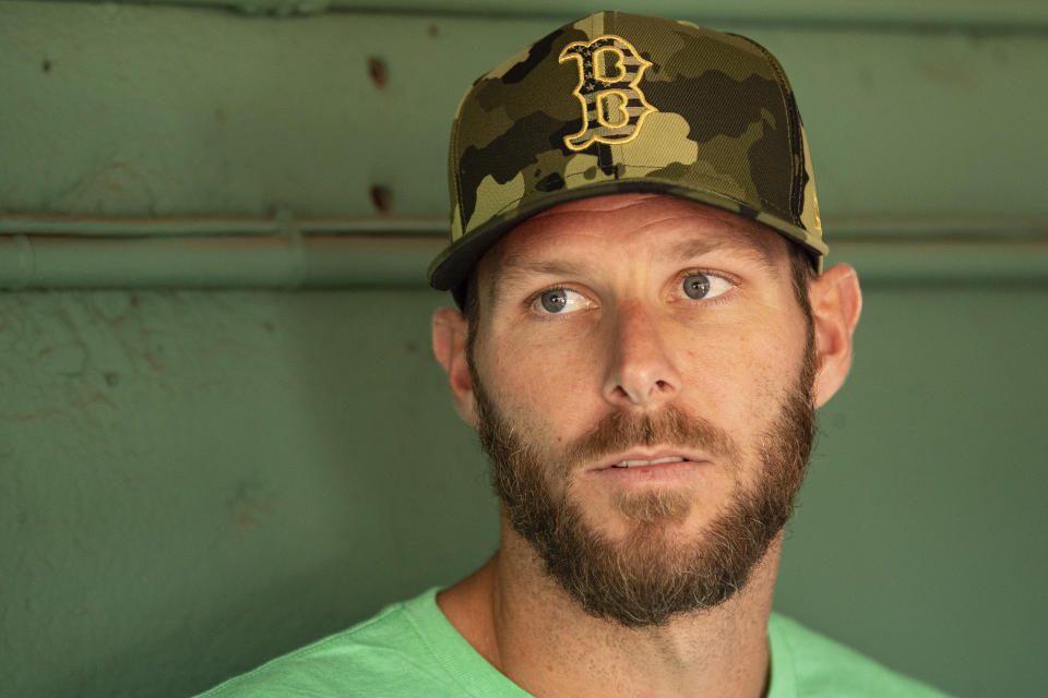 BOSTON, MA - JUNE 14: Chris Sale #41 of the Boston Red Sox addresses the media before a game against the Oakland Athletics on June 14, 2022 at Fenway Park in Boston, Massachusetts.  (Photo by Billie Weiss/Boston Red Sox/Getty Images)