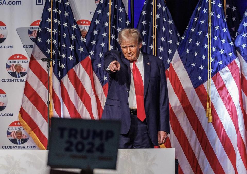 Former President Donald Trump arrives to the stage at an event hosted by the pro-Trump Club 47 USA, at the Palm Beach County Convention Center on Wednesday, October 11, 2023.