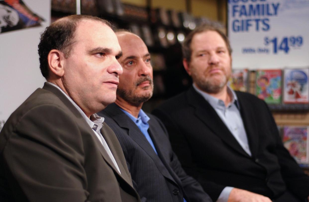 Bob Weinstein, Blockbuster Chairman and CEO John Antioco, and Harvey Weinstein appear together at a press conference in 2006. Bob Weinstein says he was not aware of the 'extent' of his older brother's alleged actions and calls him 'sick and depraved': Getty