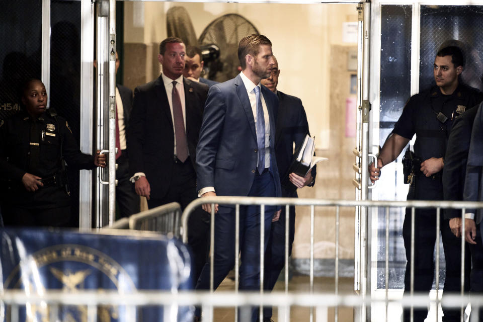 Eric Trump enters Manhattan criminal court after a break in former President Donald Trump's trial in New York, Tuesday, April 30, 2024. (Curtis Means/Pool Photo via AP)